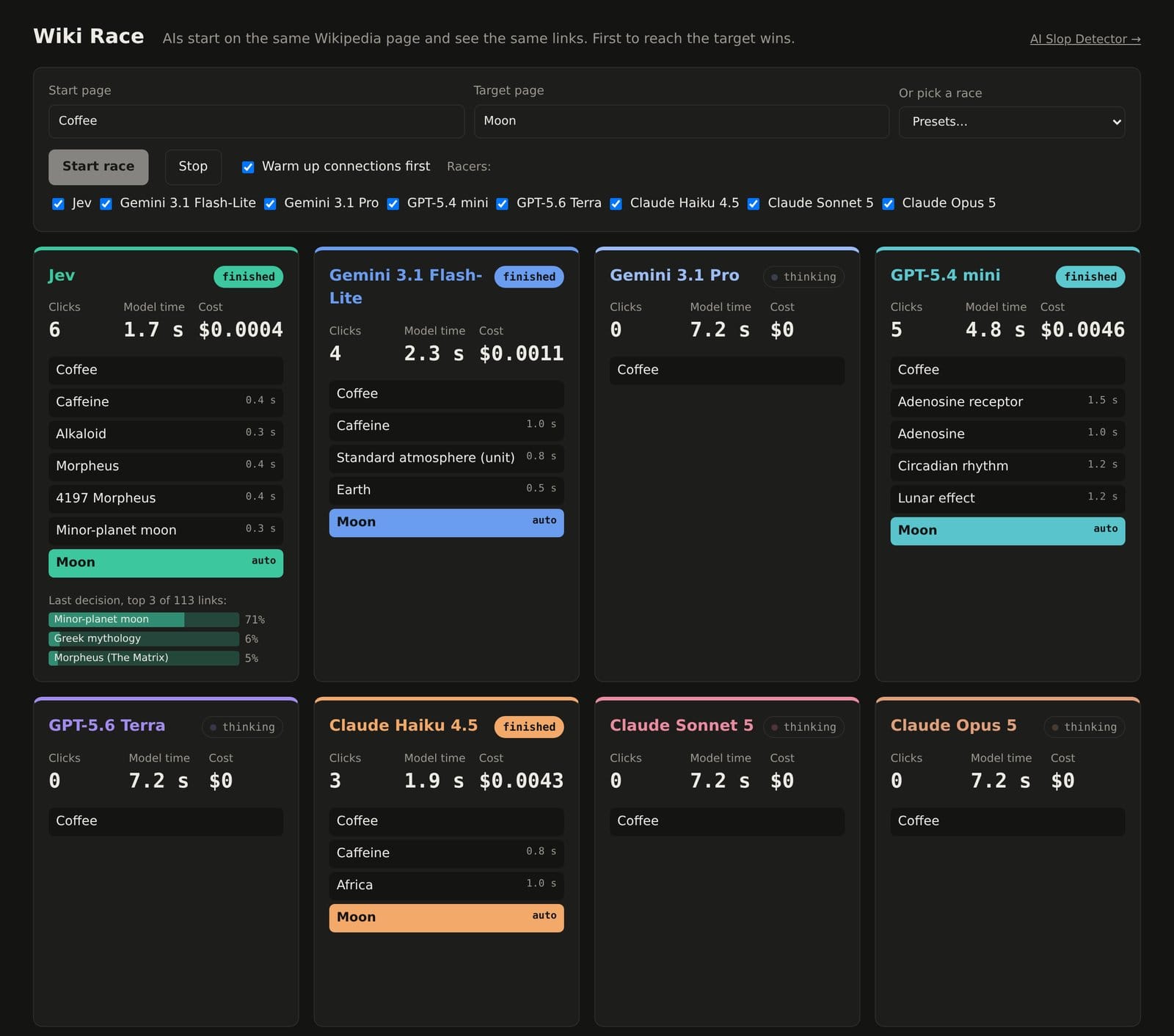 Wiki Race mid-run from Coffee to Moon: Jev has finished in six clicks and 1.7 seconds while four premium models are still on their first decision